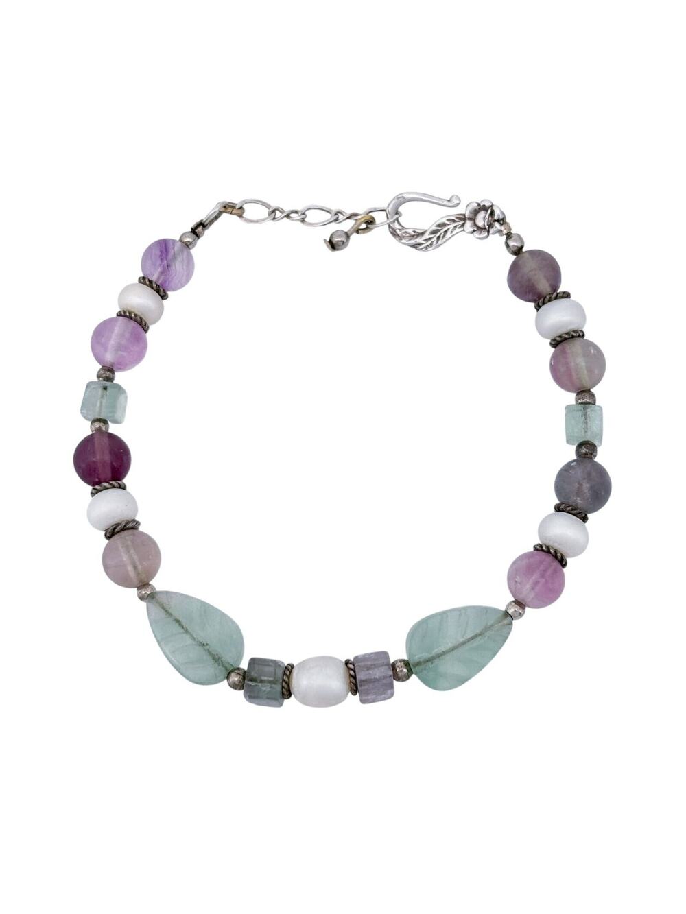 Vintage Sterling Silver 925 Fluorite and Pearl Beaded Bracelet 7.25"